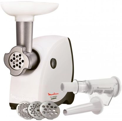  Зображення М'ясорубка Moulinex SOLEIL, 2000Вт, продук.-2.3кг/хв, 3 решітки + для ковбас., насадка для томатів, пластик, біло-чорний 